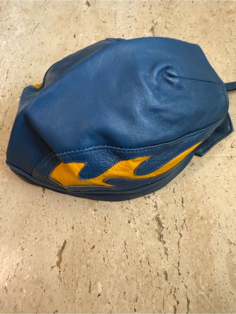 Motorcycle Skull Cap Blue and Yellow Flame Delicate, Soft Leather Made in India